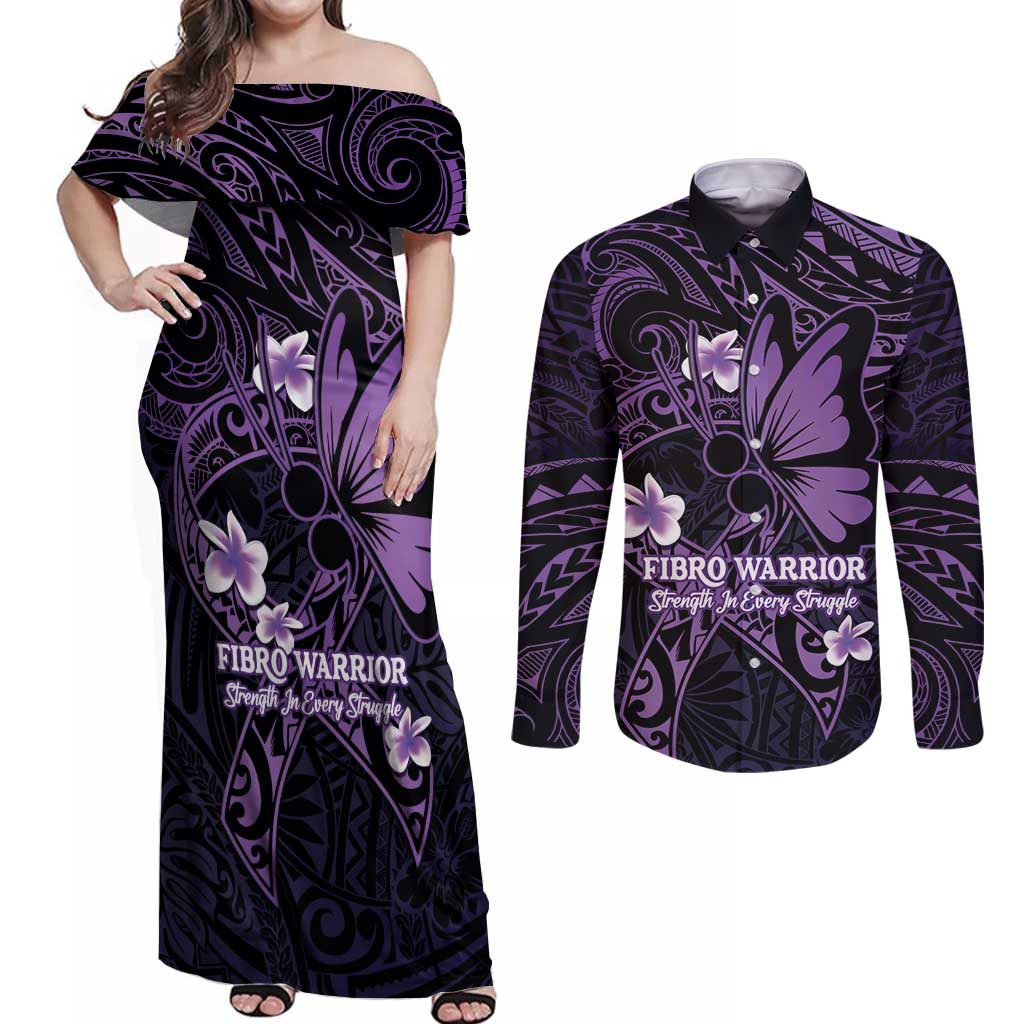 Personalised Fibromyalgia Awareness Month Couples Matching Off Shoulder Maxi Dress and Long Sleeve Button Shirt Fibro Warrior Strength In Every Struggle