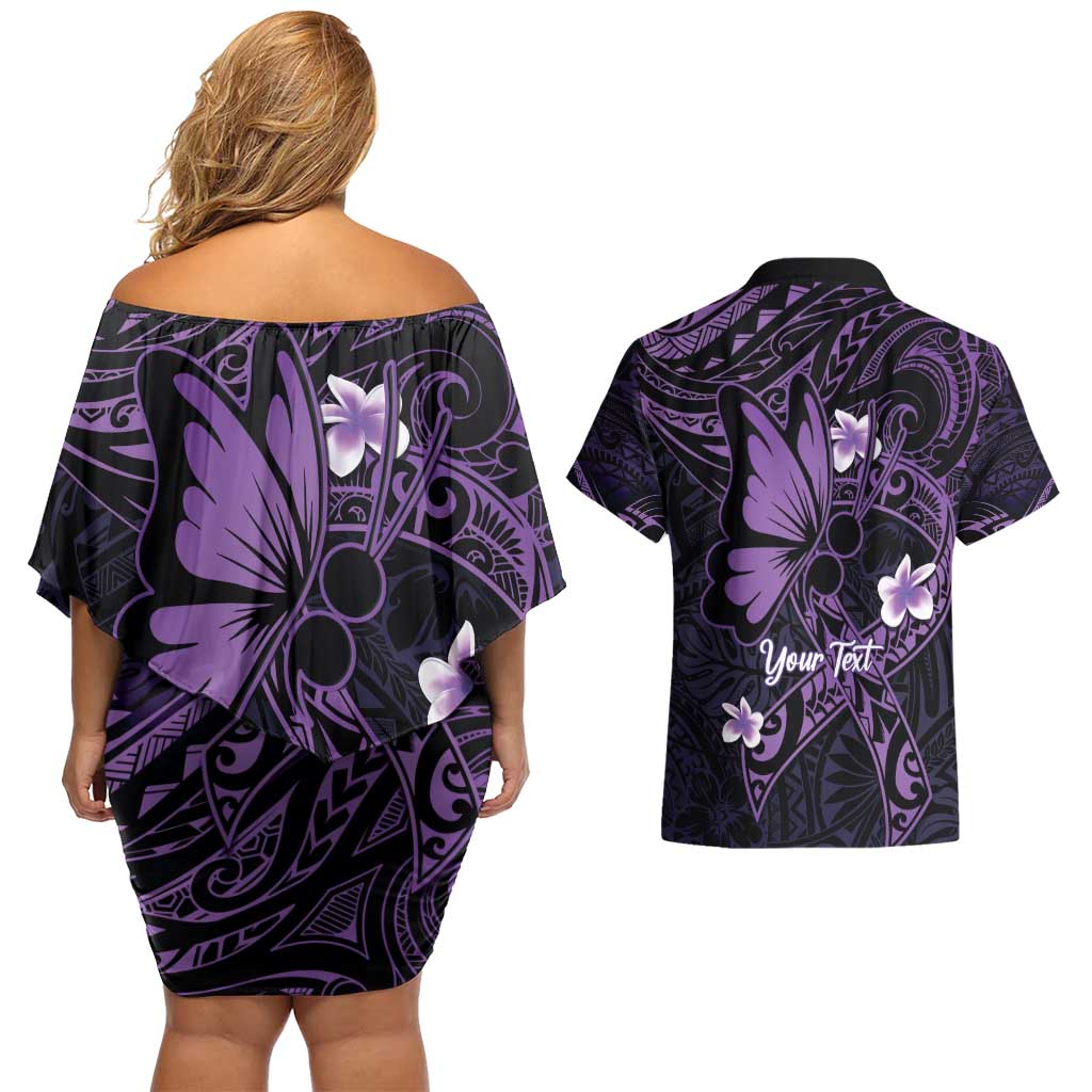 Personalised Fibromyalgia Awareness Month Couples Matching Off Shoulder Short Dress and Hawaiian Shirt Fibro Warrior Strength In Every Struggle