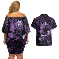 Personalised Fibromyalgia Awareness Month Couples Matching Off Shoulder Short Dress and Hawaiian Shirt Fibro Warrior Strength In Every Struggle