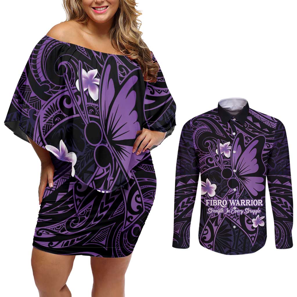 Personalised Fibromyalgia Awareness Month Couples Matching Off Shoulder Short Dress and Long Sleeve Button Shirt Fibro Warrior Strength In Every Struggle
