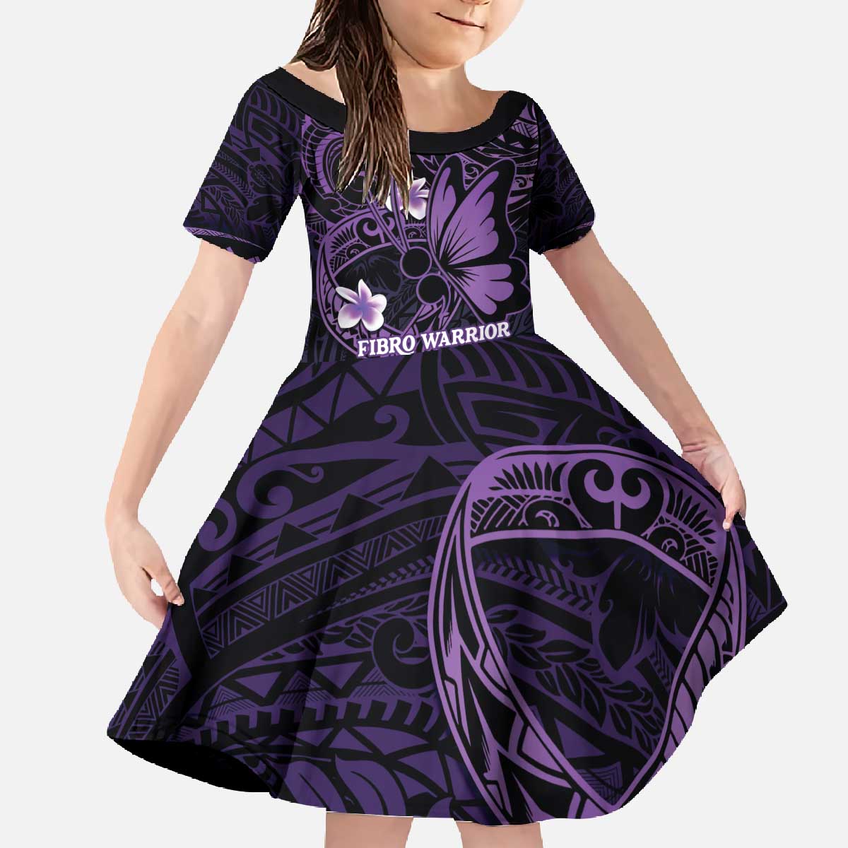 Personalised Fibromyalgia Awareness Month Family Matching Off The Shoulder Long Sleeve Dress and Hawaiian Shirt Fibro Warrior Strength In Every Struggle