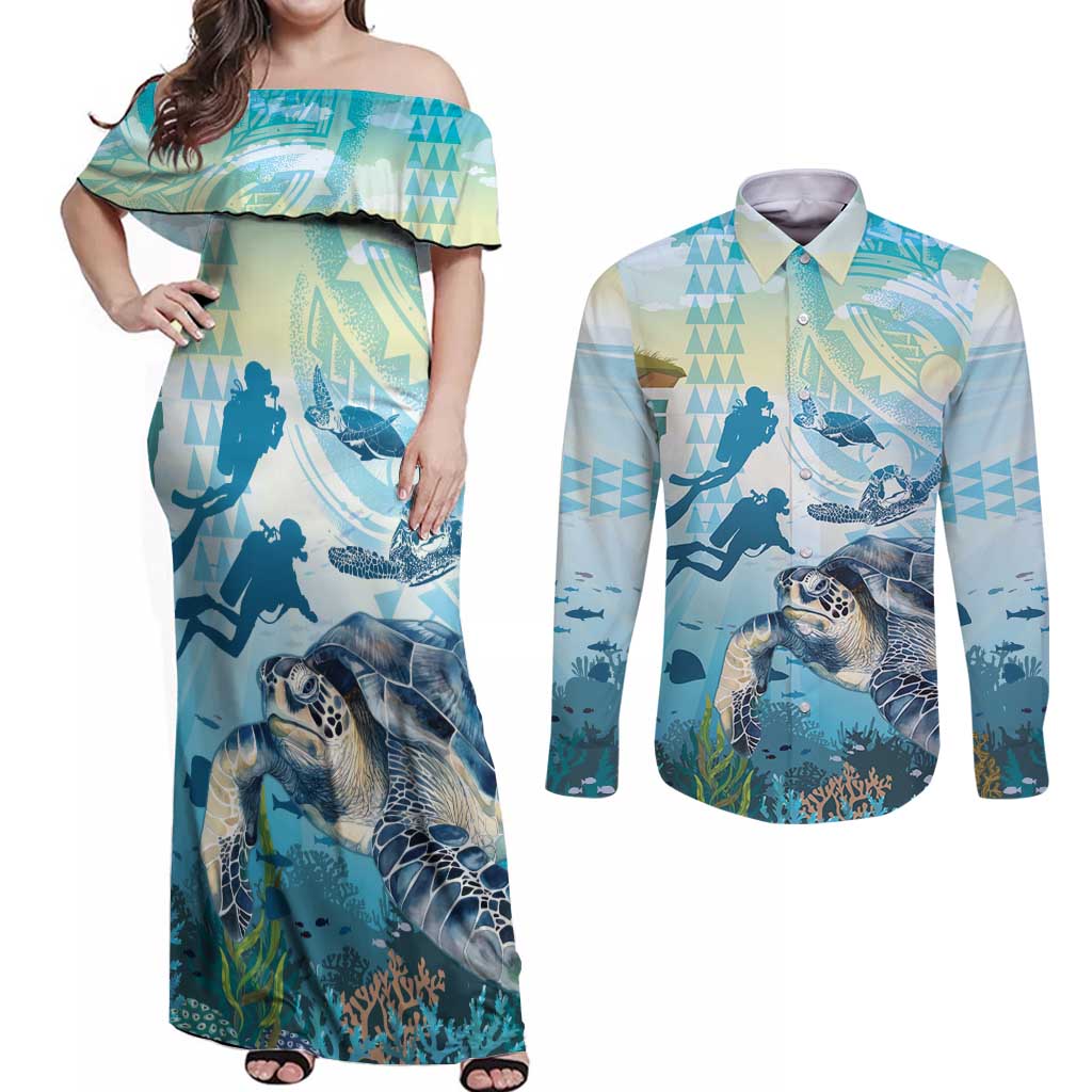 Personalized Snorkeling Hawaii Couples Matching Off Shoulder Maxi Dress and Long Sleeve Button Shirt Ocean Lover Hawaiian Kakau Honu Turtle