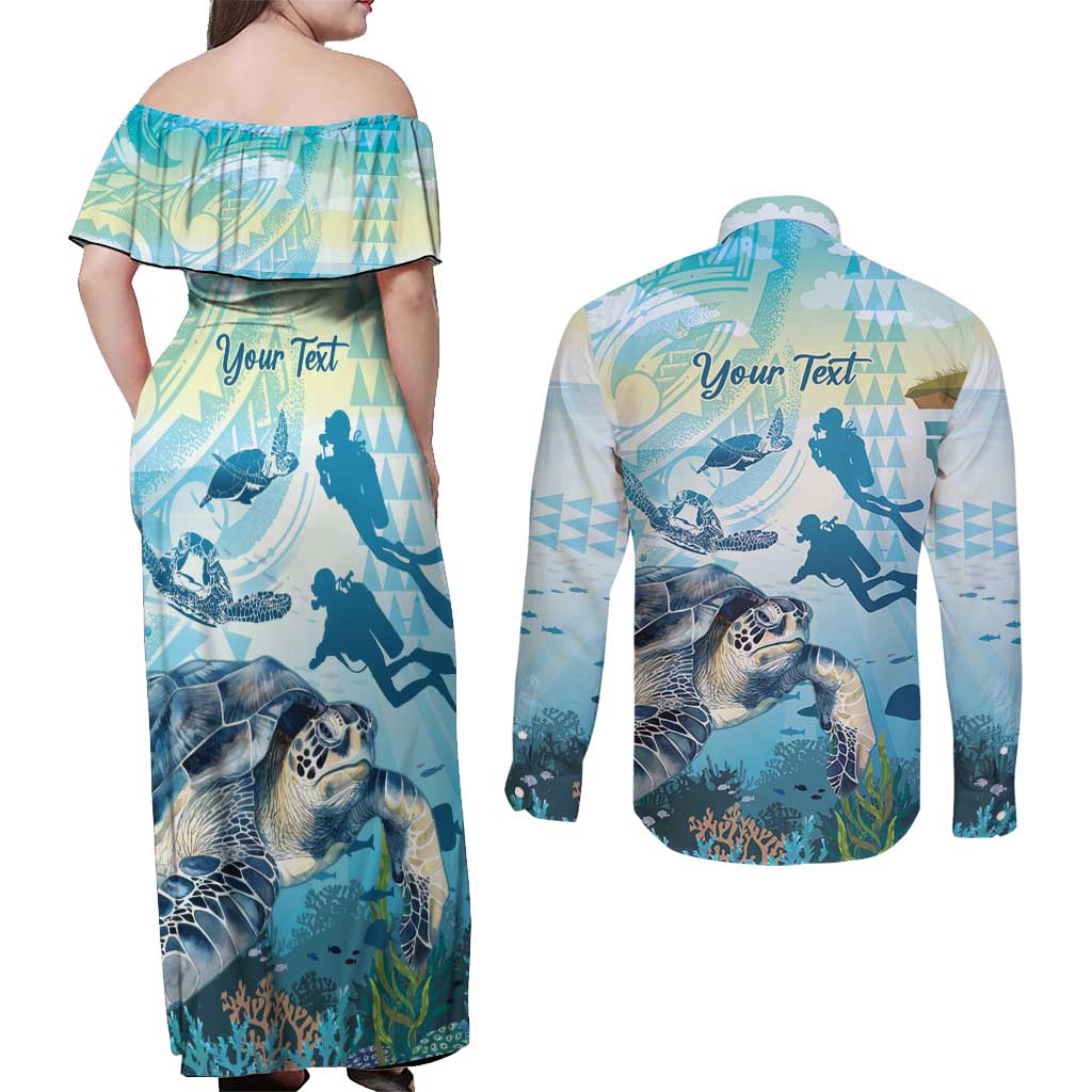 Personalized Snorkeling Hawaii Couples Matching Off Shoulder Maxi Dress and Long Sleeve Button Shirt Ocean Lover Hawaiian Kakau Honu Turtle