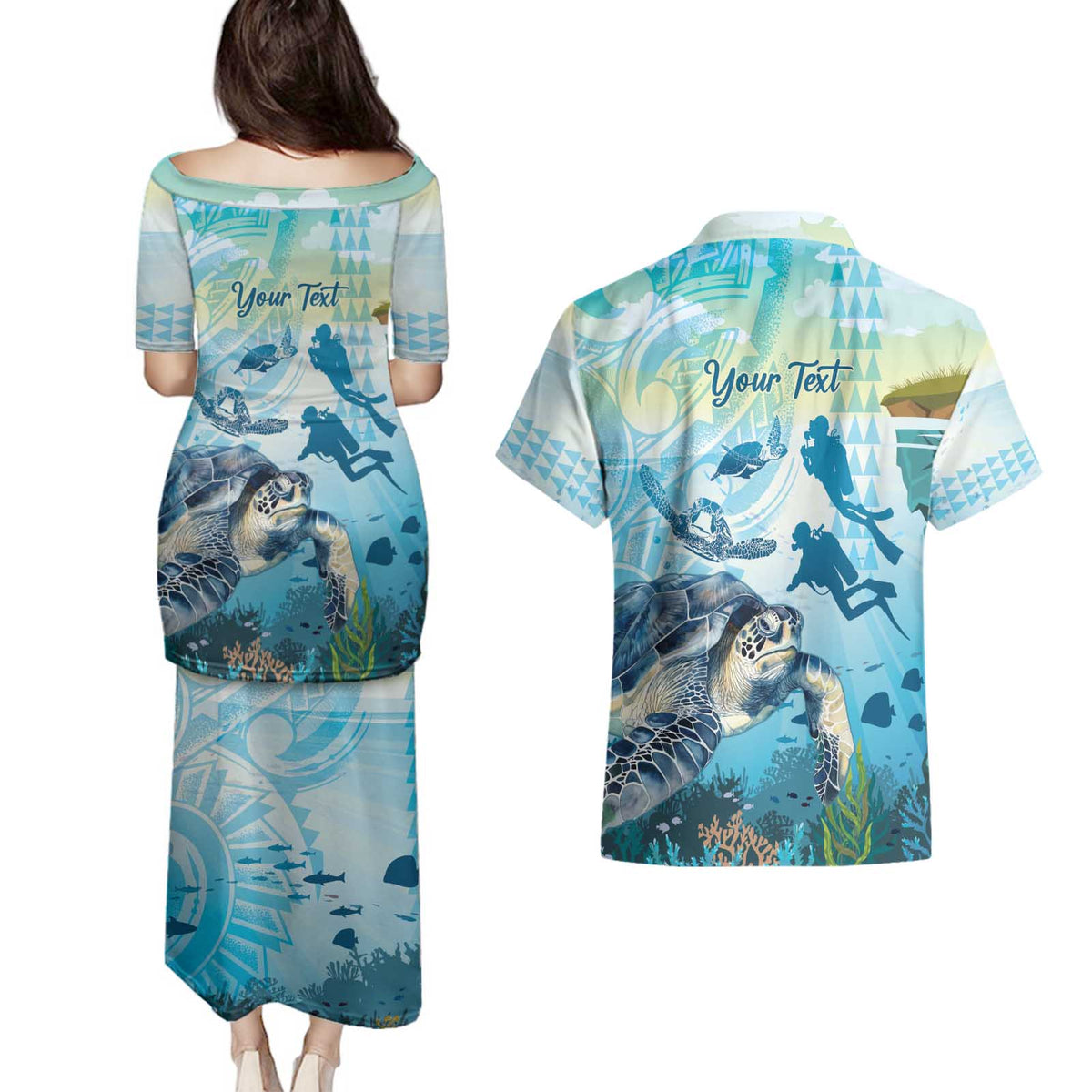 Personalized Snorkeling Hawaii Couples Matching Puletasi and Hawaiian Shirt Ocean Lover Hawaiian Kakau Honu Turtle