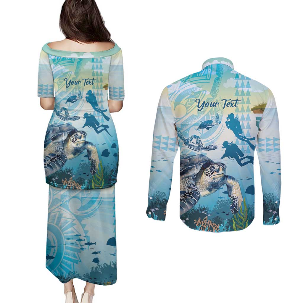 Personalized Snorkeling Hawaii Couples Matching Puletasi and Long Sleeve Button Shirt Ocean Lover Hawaiian Kakau Honu Turtle