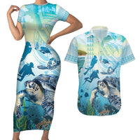 Personalized Snorkeling Hawaii Couples Matching Short Sleeve Bodycon Dress and Hawaiian Shirt Ocean Lover Hawaiian Kakau Honu Turtle