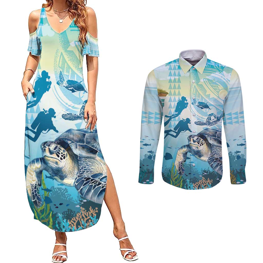Personalized Snorkeling Hawaii Couples Matching Summer Maxi Dress and Long Sleeve Button Shirt Ocean Lover Hawaiian Kakau Honu Turtle