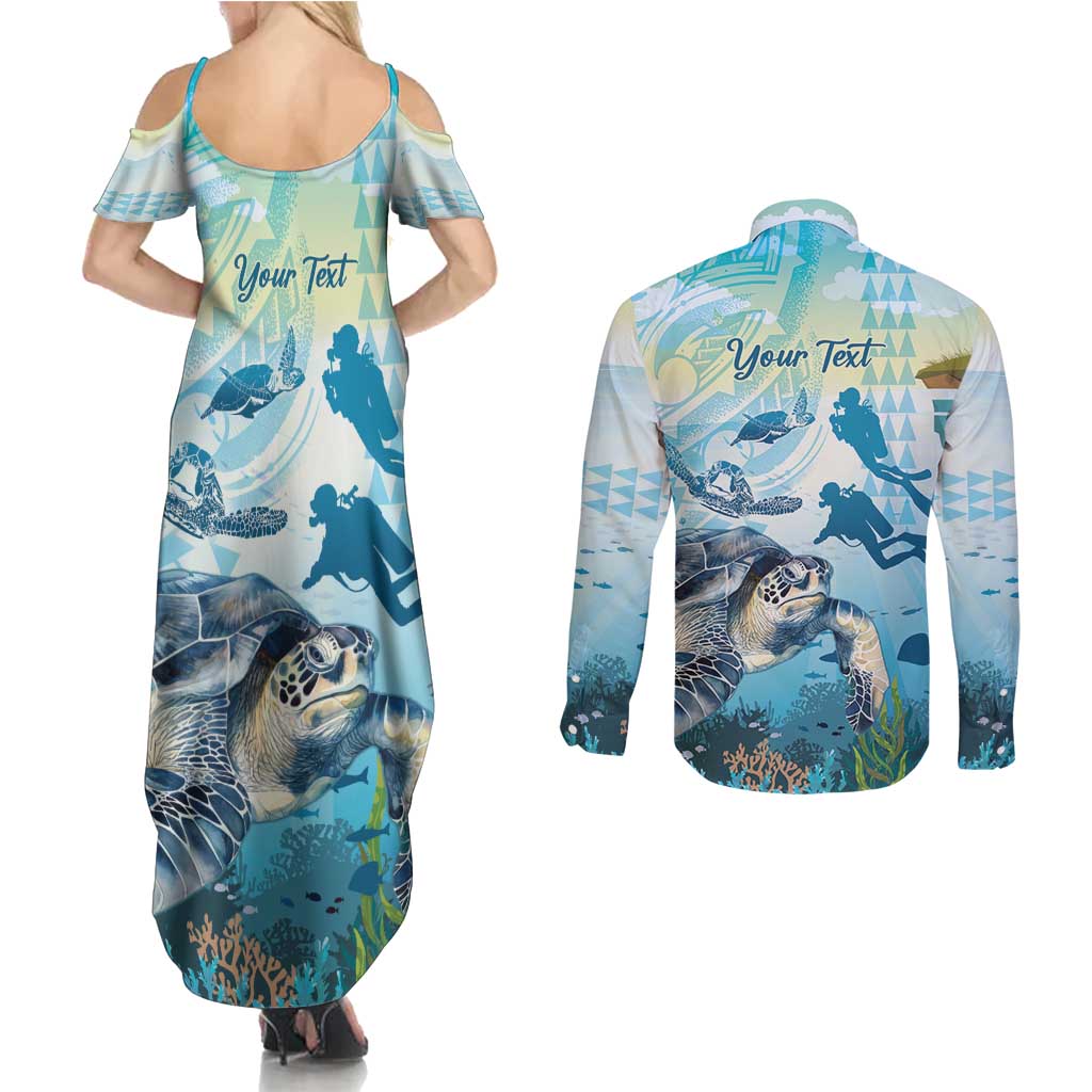 Personalized Snorkeling Hawaii Couples Matching Summer Maxi Dress and Long Sleeve Button Shirt Ocean Lover Hawaiian Kakau Honu Turtle