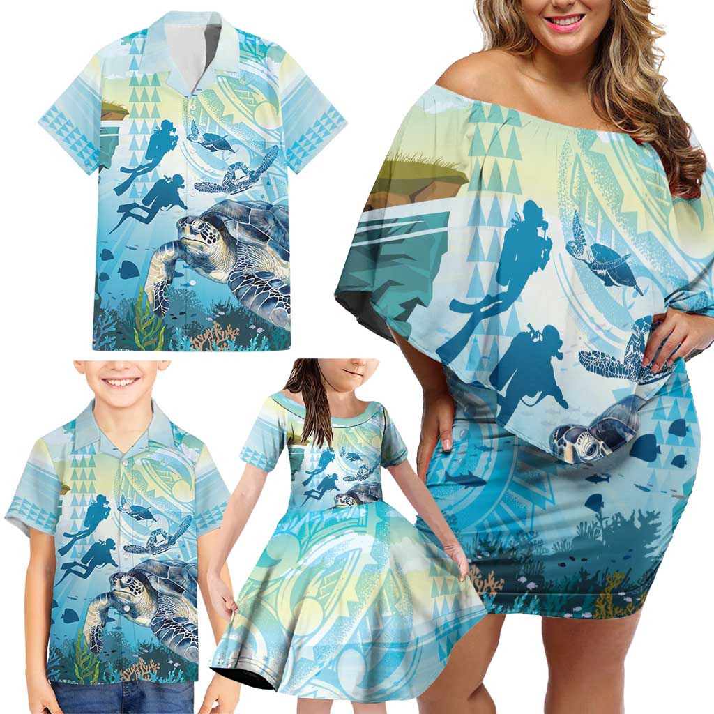 Personalized Snorkeling Hawaii Family Matching Off Shoulder Short Dress and Hawaiian Shirt Ocean Lover Hawaiian Kakau Honu Turtle
