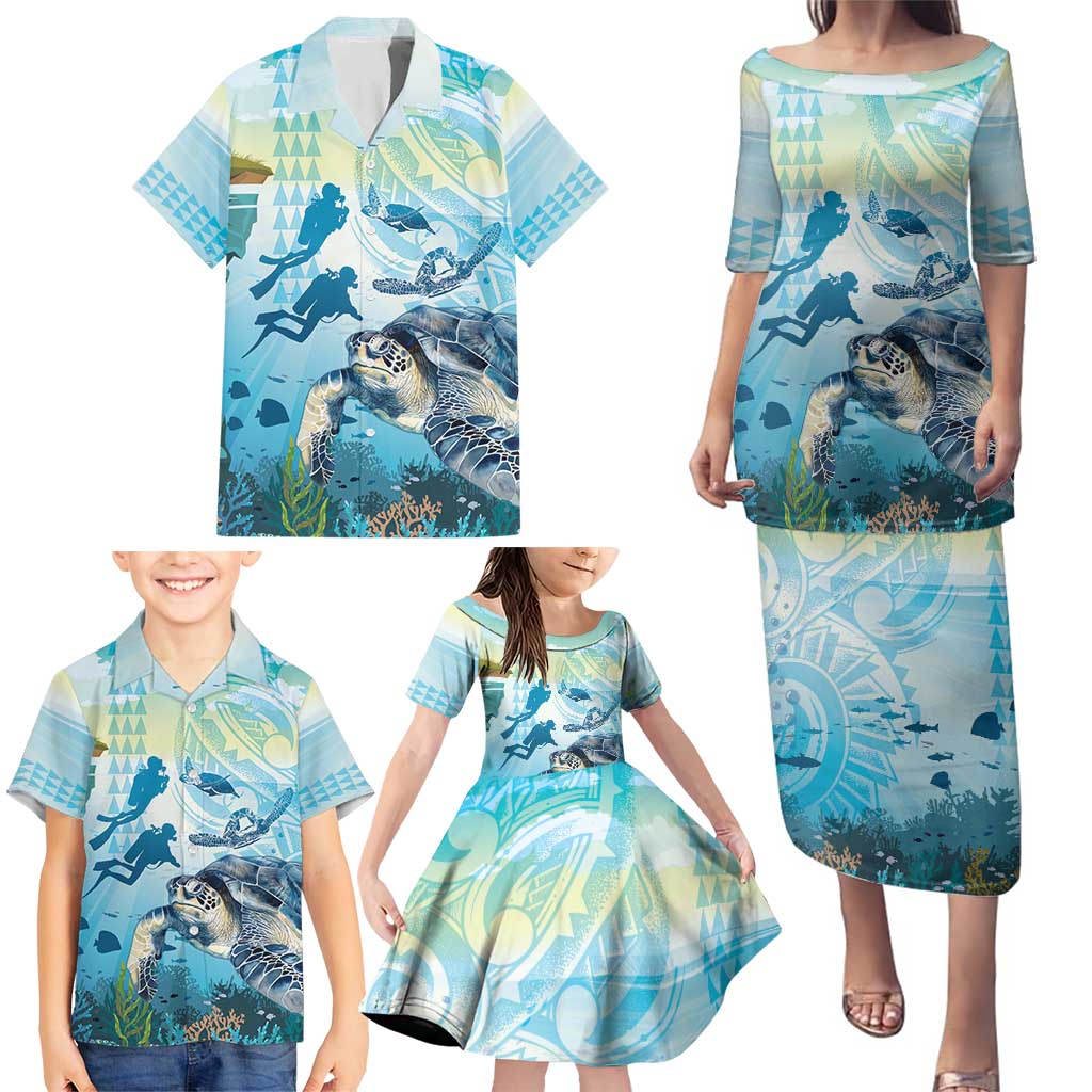 Personalized Snorkeling Hawaii Family Matching Puletasi and Hawaiian Shirt Ocean Lover Hawaiian Kakau Honu Turtle