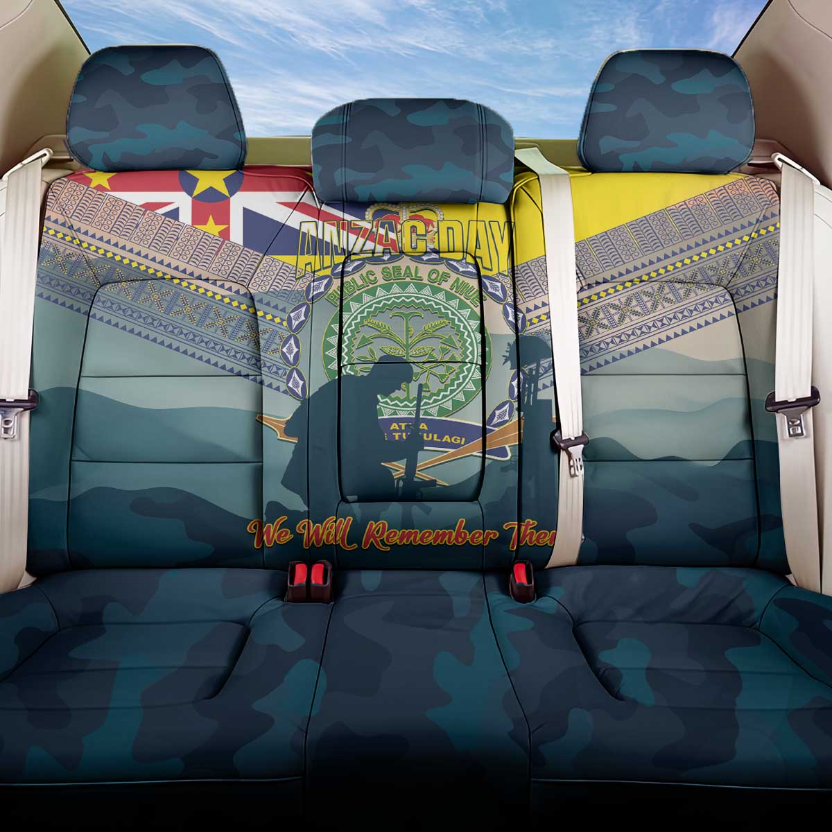 Niue ANZAC Day Back Car Seat Cover We Will Remember Them Camouflage Style