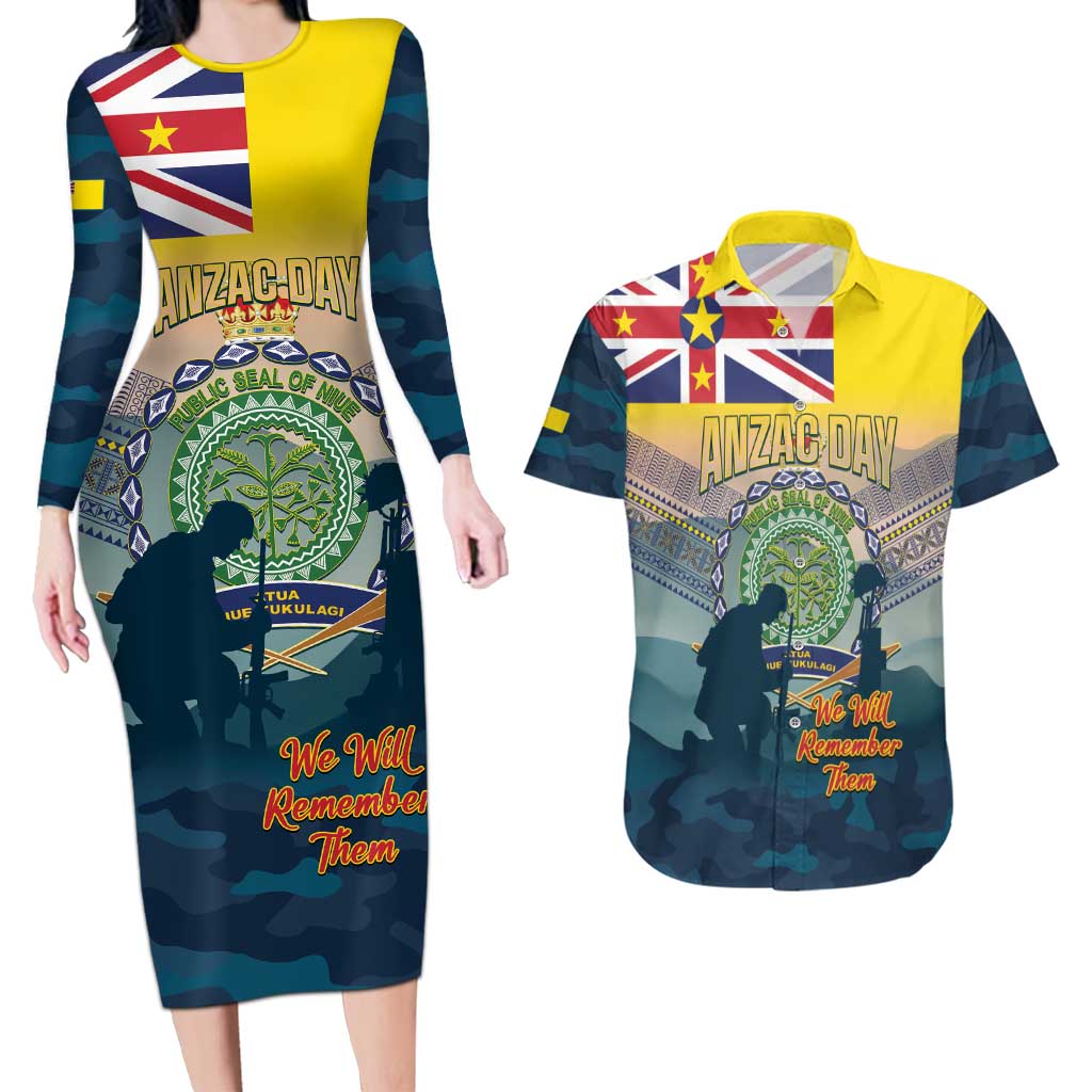Niue ANZAC Day Couples Matching Long Sleeve Bodycon Dress and Hawaiian Shirt We Will Remember Them Camouflage Style
