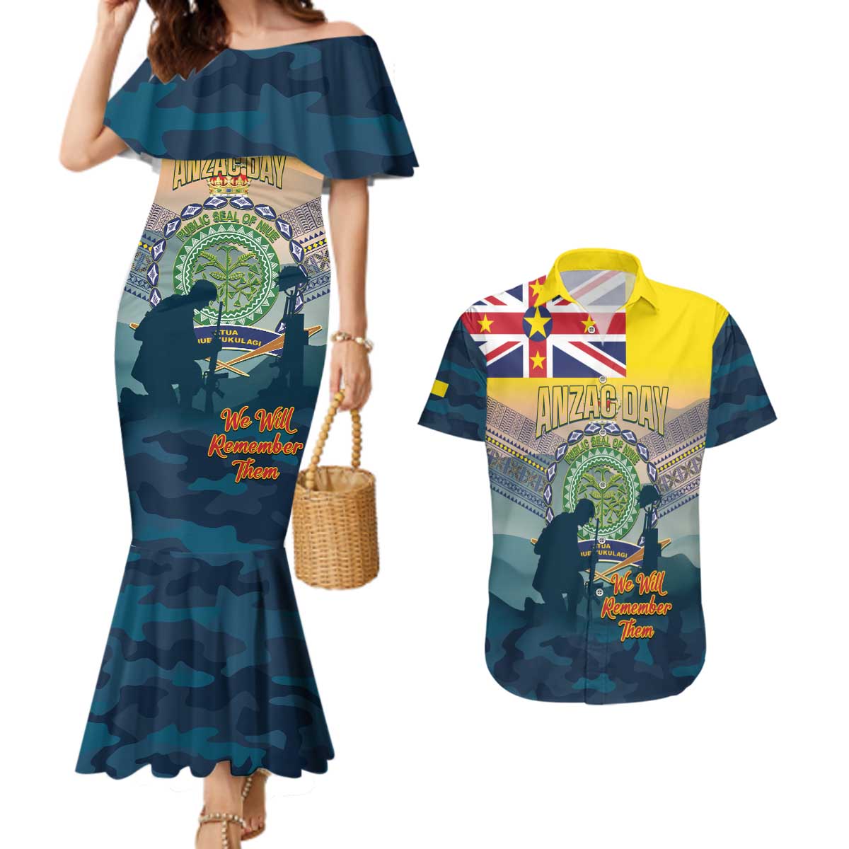 Niue ANZAC Day Couples Matching Mermaid Dress and Hawaiian Shirt We Will Remember Them Camouflage Style