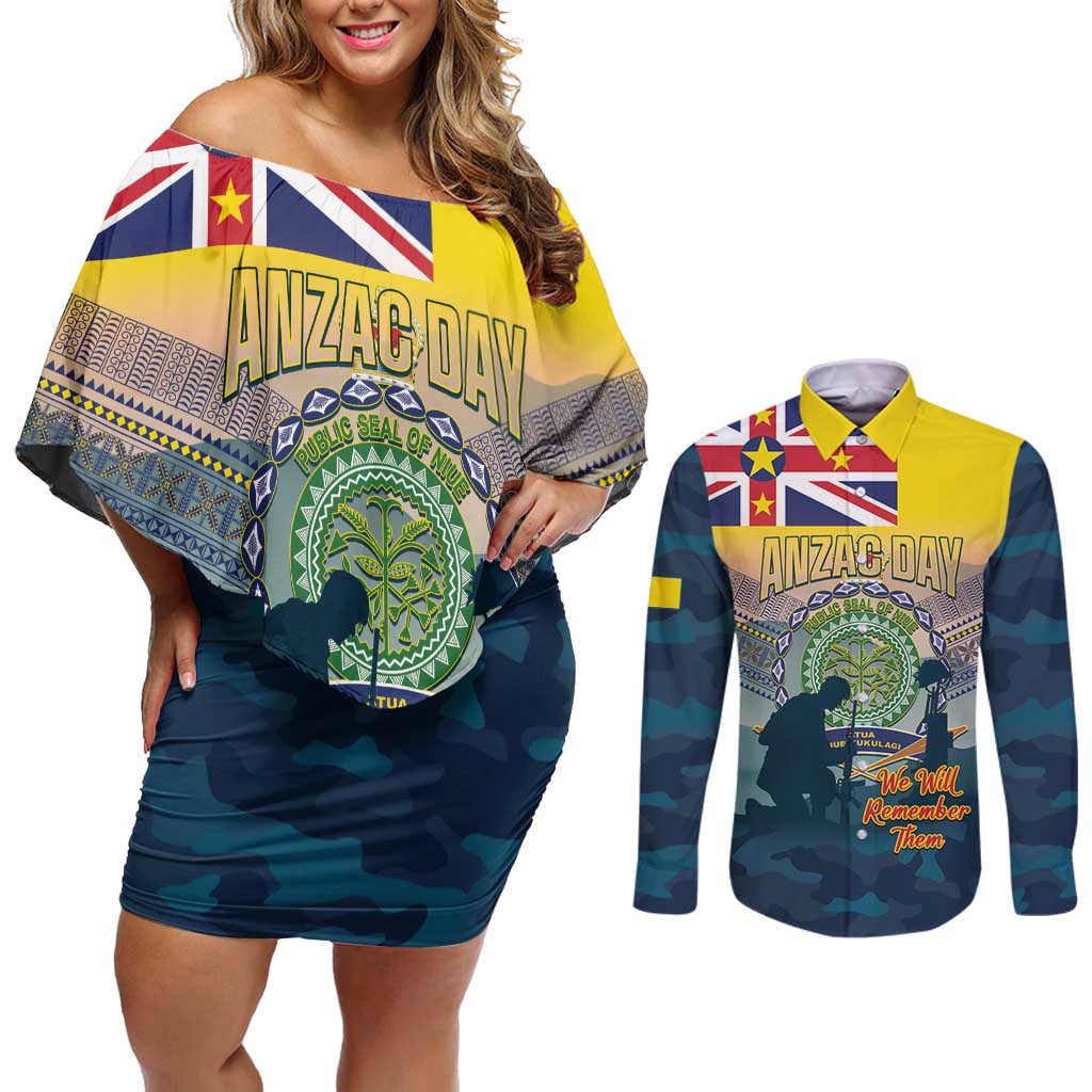 Niue ANZAC Day Couples Matching Off Shoulder Short Dress and Long Sleeve Button Shirt We Will Remember Them Camouflage Style