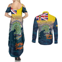 Niue ANZAC Day Couples Matching Summer Maxi Dress and Long Sleeve Button Shirt We Will Remember Them Camouflage Style