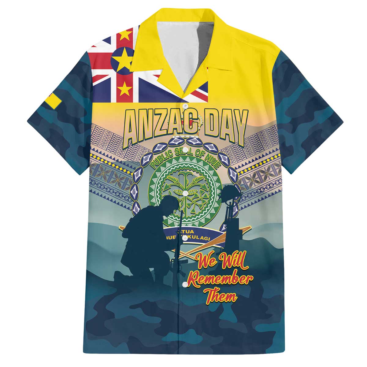 Niue ANZAC Day Family Matching Off The Shoulder Long Sleeve Dress and Hawaiian Shirt We Will Remember Them Camouflage Style