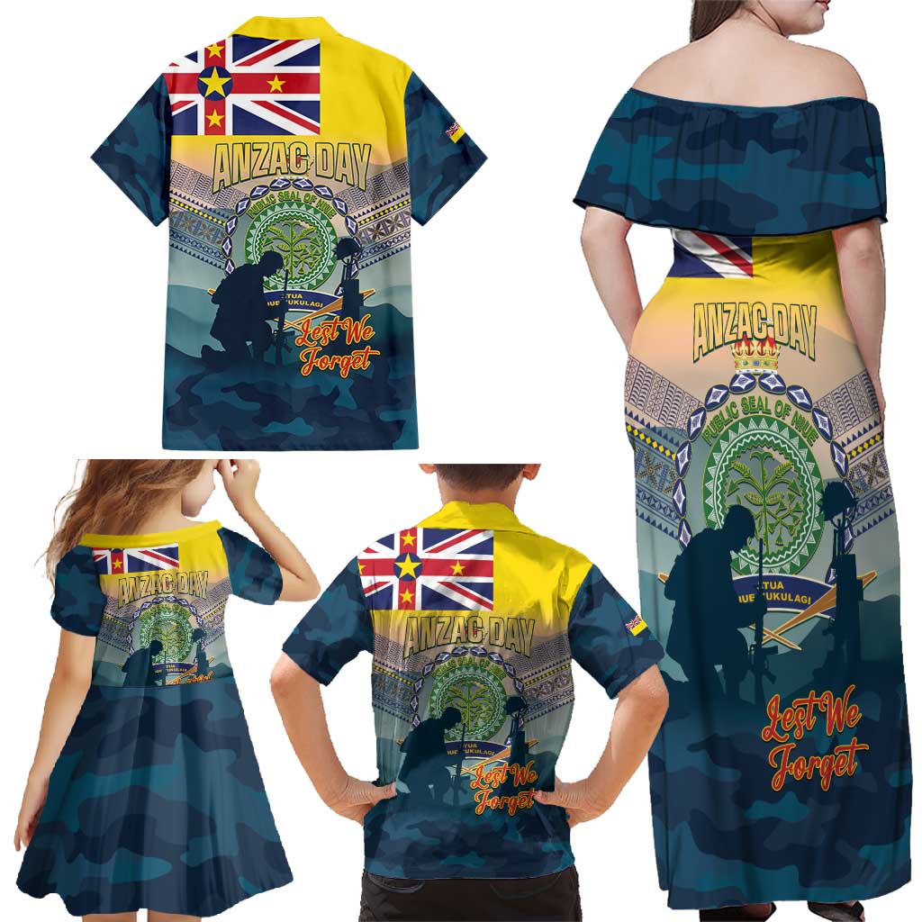 Niue ANZAC Day Family Matching Off Shoulder Maxi Dress and Hawaiian Shirt We Will Remember Them Camouflage Style