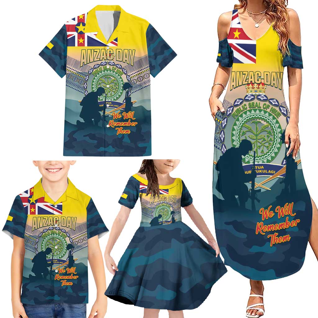 Niue ANZAC Day Family Matching Summer Maxi Dress and Hawaiian Shirt We Will Remember Them Camouflage Style