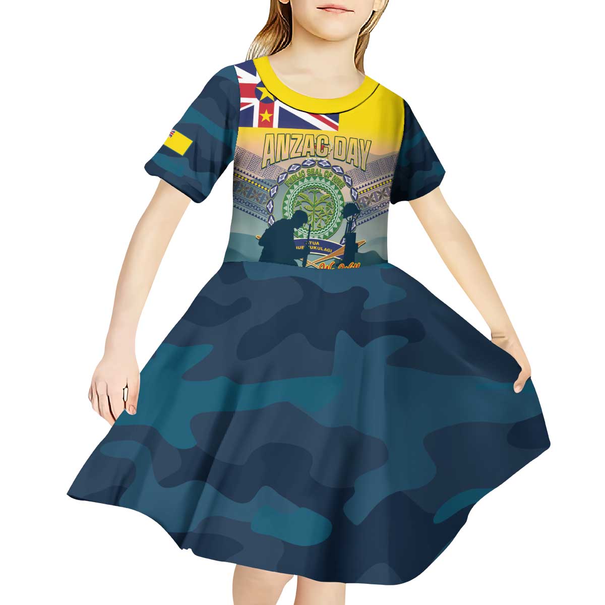 Niue ANZAC Day Kid Short Sleeve Dress We Will Remember Them Camouflage Style