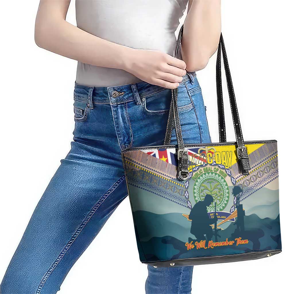 Niue ANZAC Day Leather Tote Bag We Will Remember Them Camouflage Style