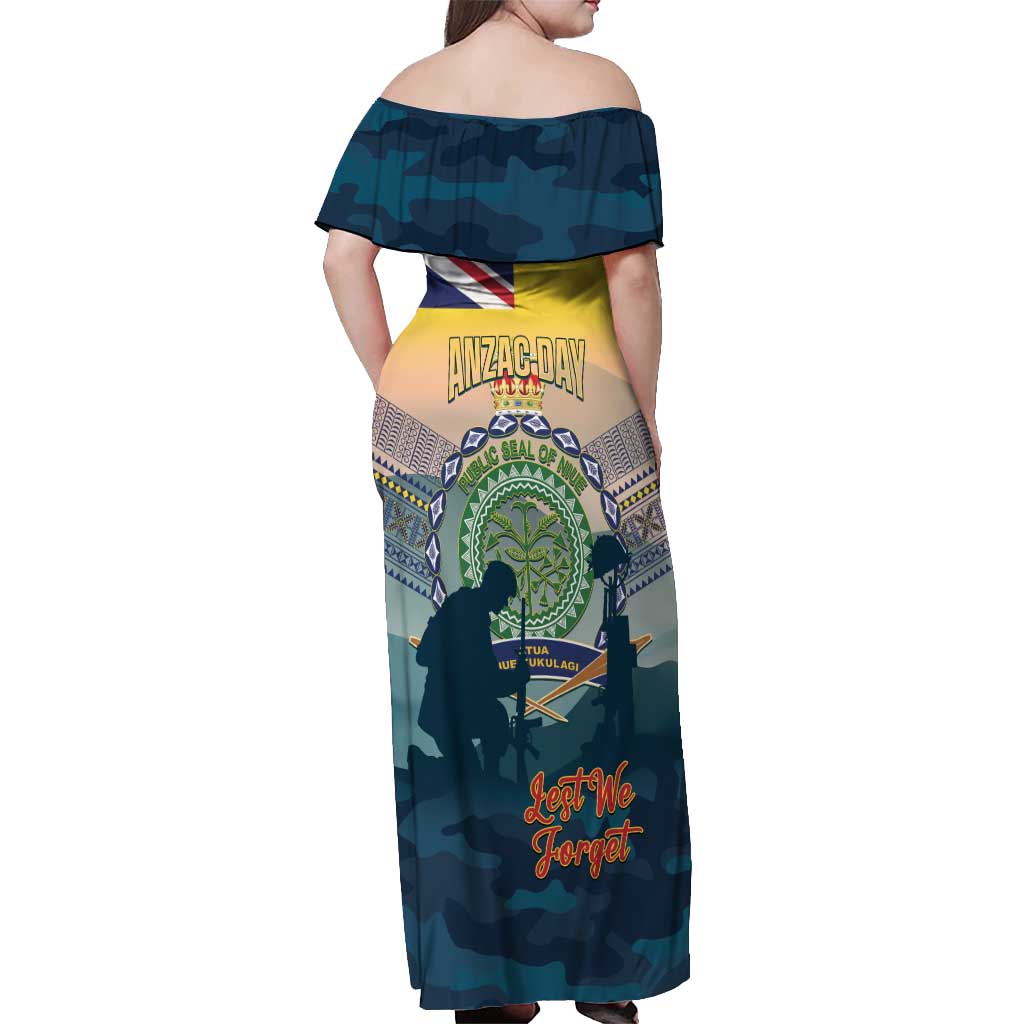 Niue ANZAC Day Off Shoulder Maxi Dress We Will Remember Them Camouflage Style