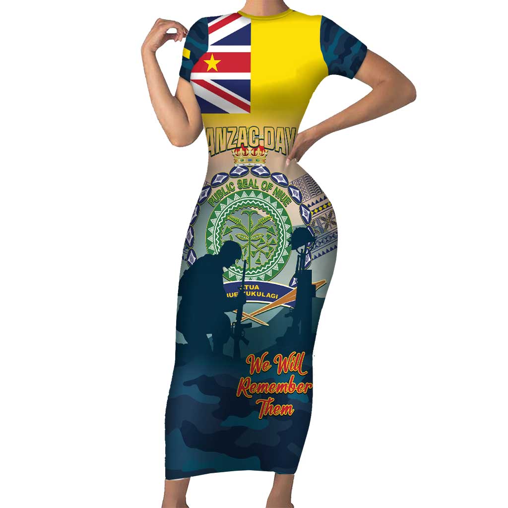 Niue ANZAC Day Short Sleeve Bodycon Dress We Will Remember Them Camouflage Style