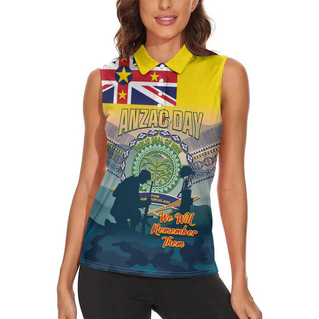 Niue ANZAC Day Women Sleeveless Polo Shirt We Will Remember Them Camouflage Style