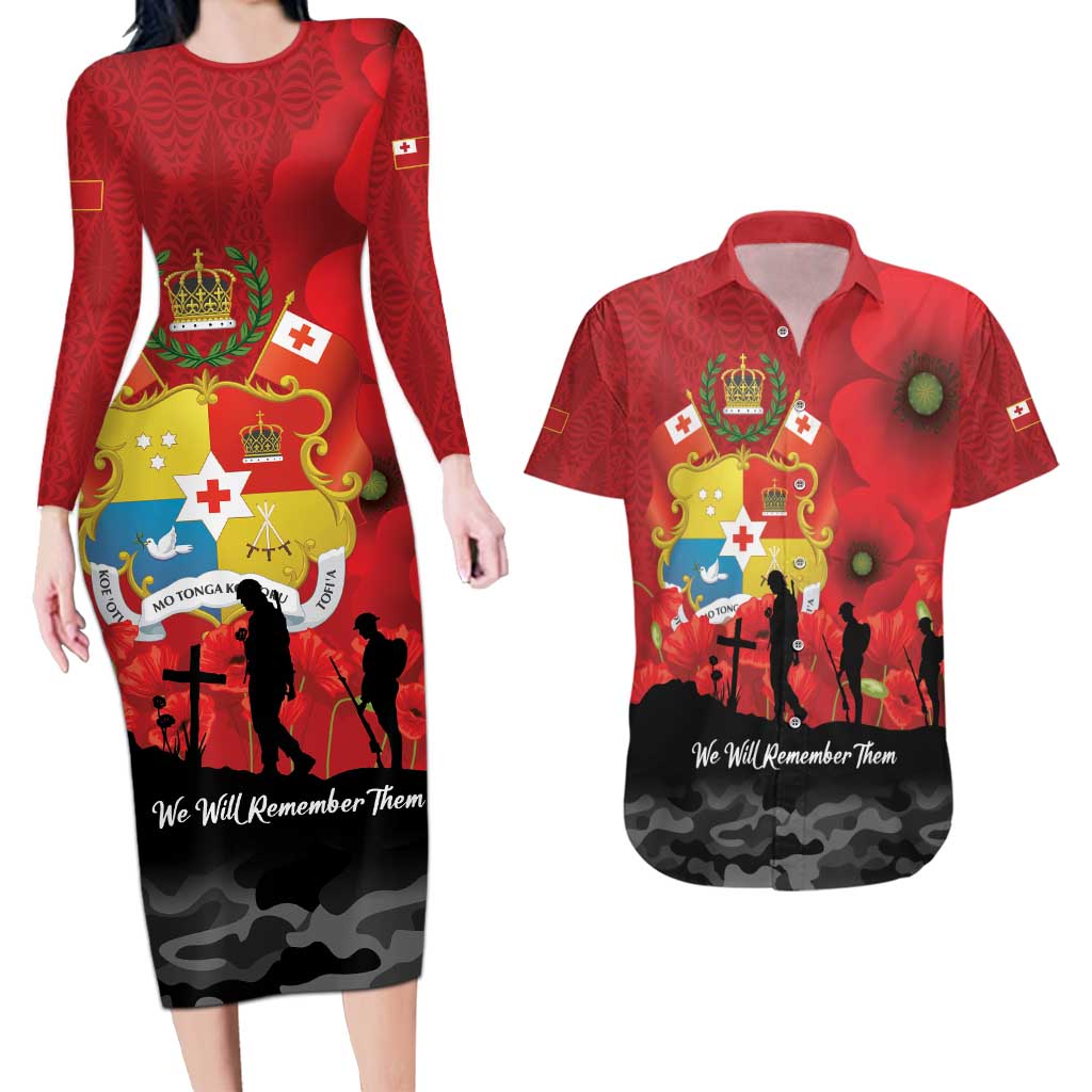 Tonga ANZAC Day Couples Matching Long Sleeve Bodycon Dress and Hawaiian Shirt Ngatu Pattern We Will Remember Them