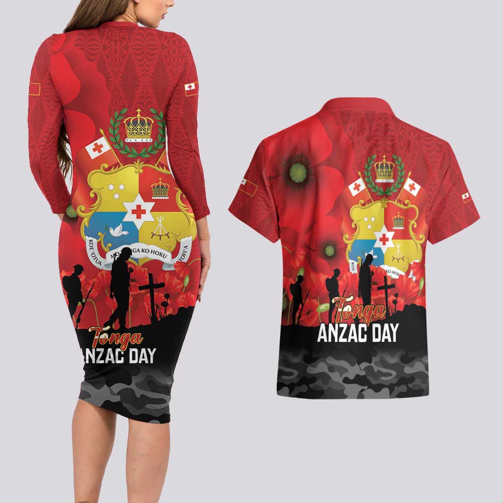 Tonga ANZAC Day Couples Matching Long Sleeve Bodycon Dress and Hawaiian Shirt Ngatu Pattern We Will Remember Them