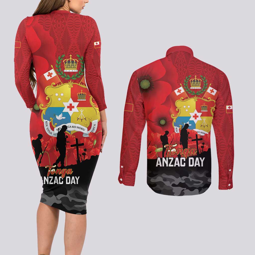 Tonga ANZAC Day Couples Matching Long Sleeve Bodycon Dress and Long Sleeve Button Shirt Ngatu Pattern We Will Remember Them
