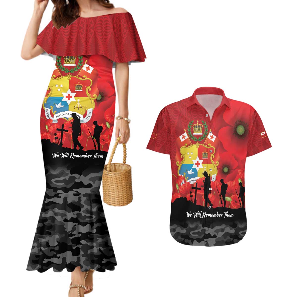 Tonga ANZAC Day Couples Matching Mermaid Dress and Hawaiian Shirt Ngatu Pattern We Will Remember Them