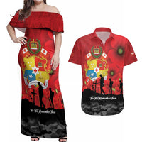Tonga ANZAC Day Couples Matching Off Shoulder Maxi Dress and Hawaiian Shirt Ngatu Pattern We Will Remember Them