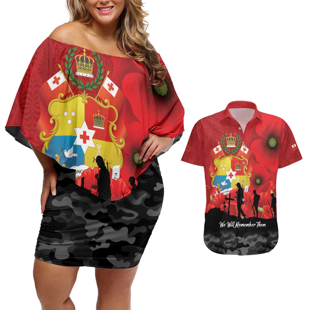 Tonga ANZAC Day Couples Matching Off Shoulder Short Dress and Hawaiian Shirt Ngatu Pattern We Will Remember Them