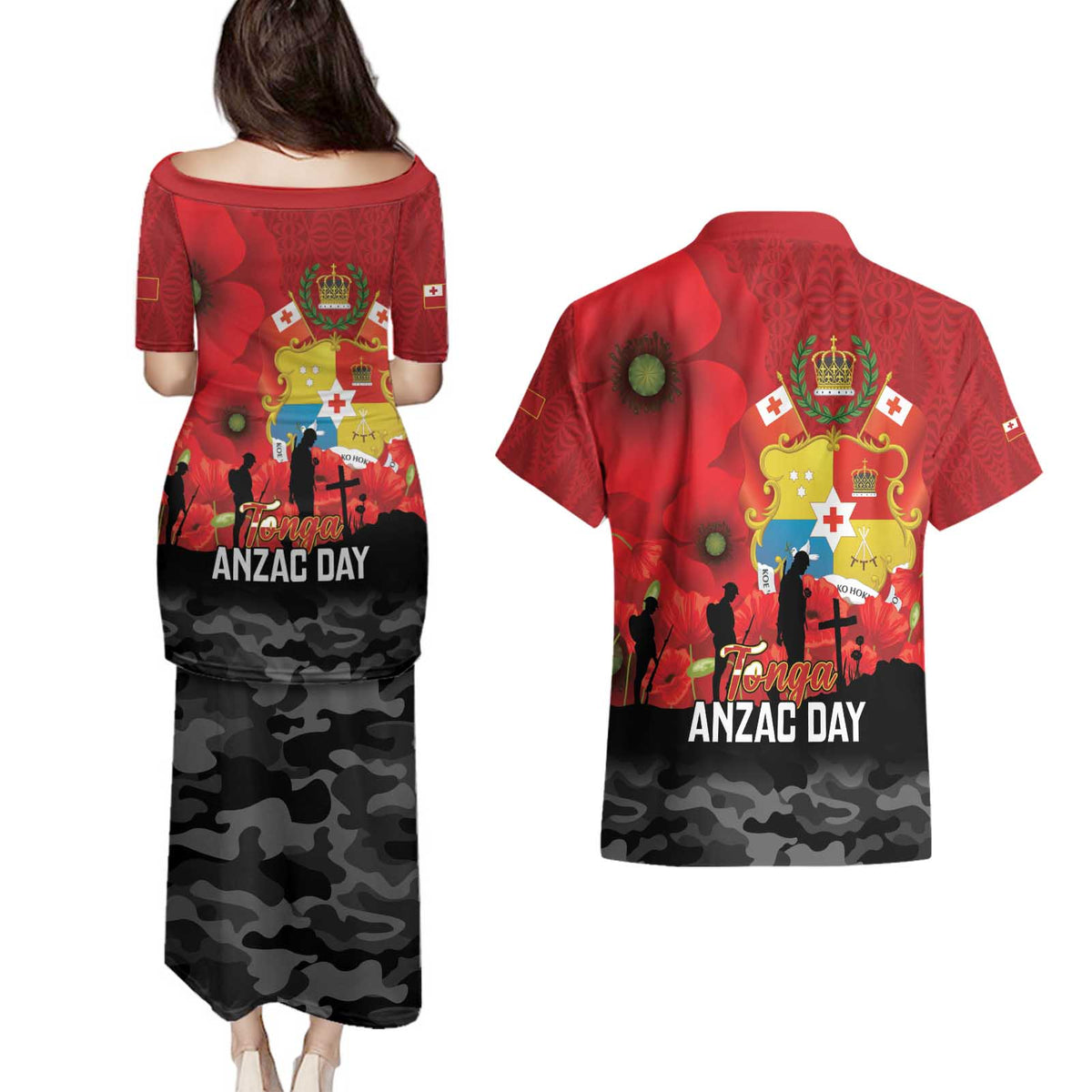Tonga ANZAC Day Couples Matching Puletasi and Hawaiian Shirt Ngatu Pattern We Will Remember Them