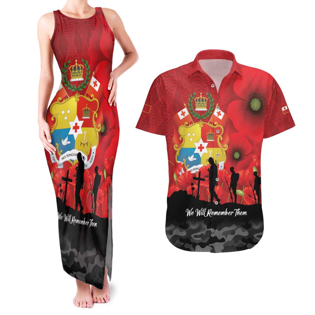 Tonga ANZAC Day Couples Matching Tank Maxi Dress and Hawaiian Shirt Ngatu Pattern We Will Remember Them