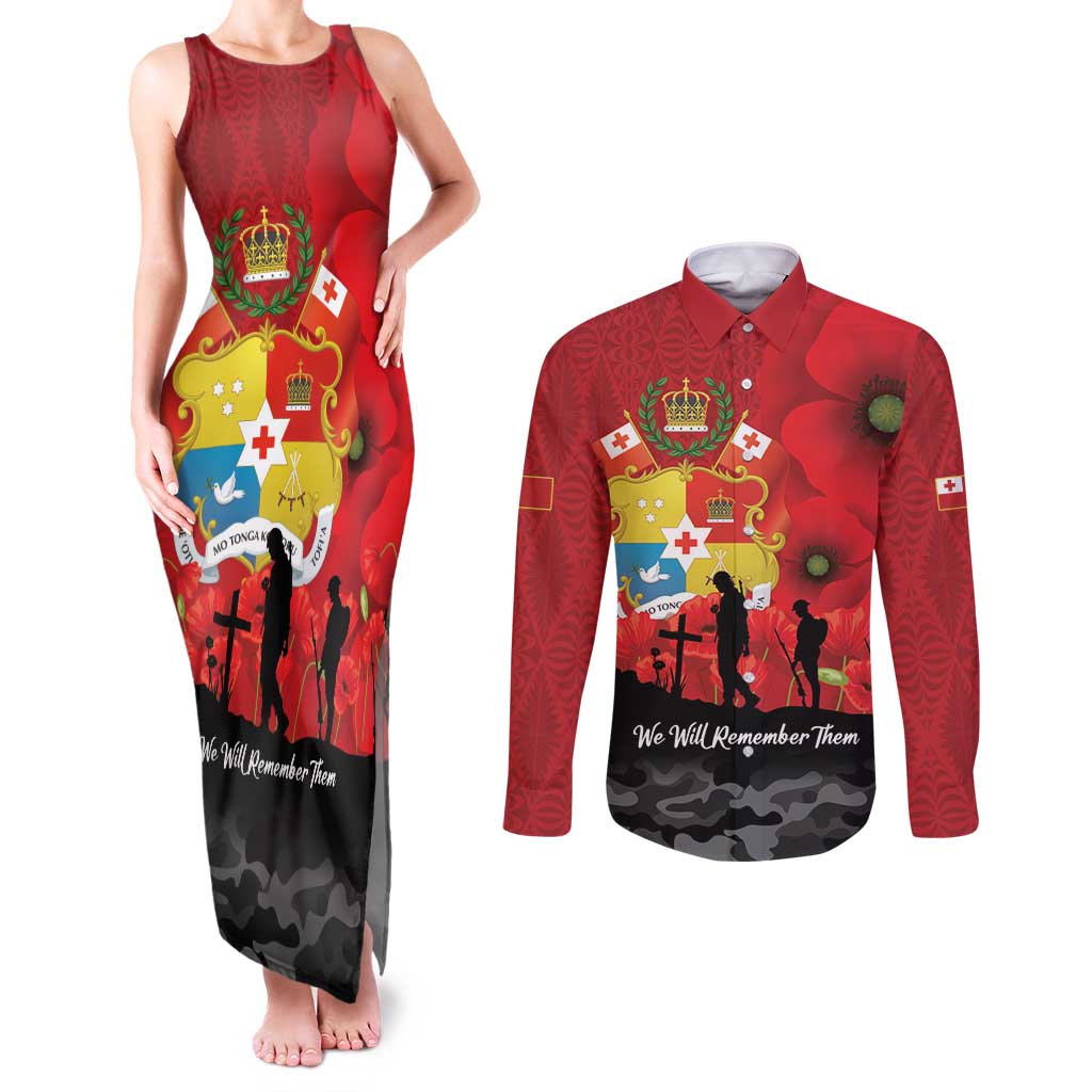 Tonga ANZAC Day Couples Matching Tank Maxi Dress and Long Sleeve Button Shirt Ngatu Pattern We Will Remember Them