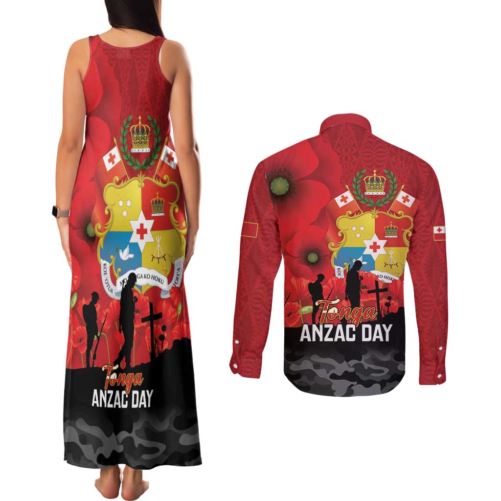 Tonga ANZAC Day Couples Matching Tank Maxi Dress and Long Sleeve Button Shirt Ngatu Pattern We Will Remember Them
