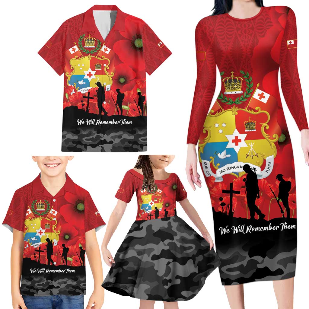 Tonga ANZAC Day Family Matching Long Sleeve Bodycon Dress and Hawaiian Shirt Ngatu Pattern We Will Remember Them