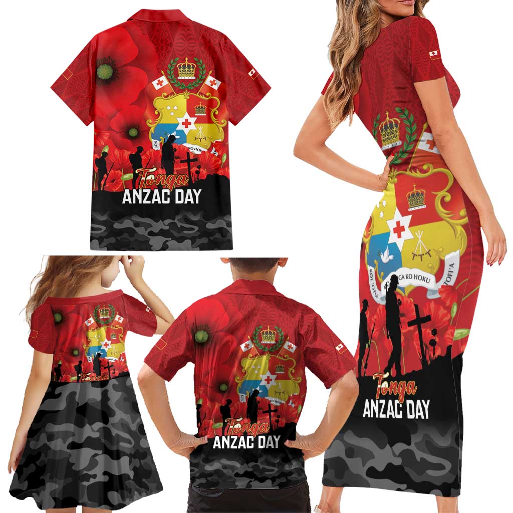 Tonga ANZAC Day Family Matching Short Sleeve Bodycon Dress and Hawaiian Shirt Ngatu Pattern We Will Remember Them