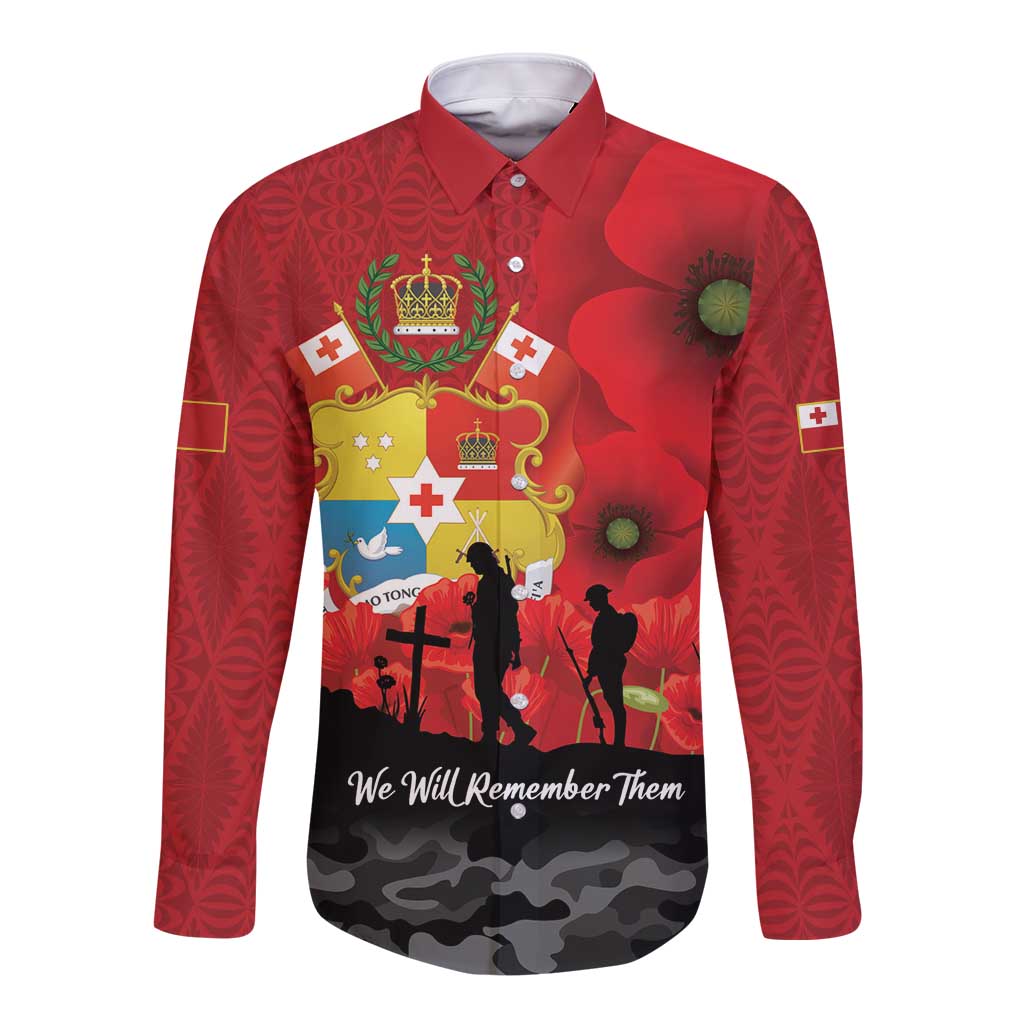 Tonga ANZAC Day Long Sleeve Button Shirt Ngatu Pattern We Will Remember Them