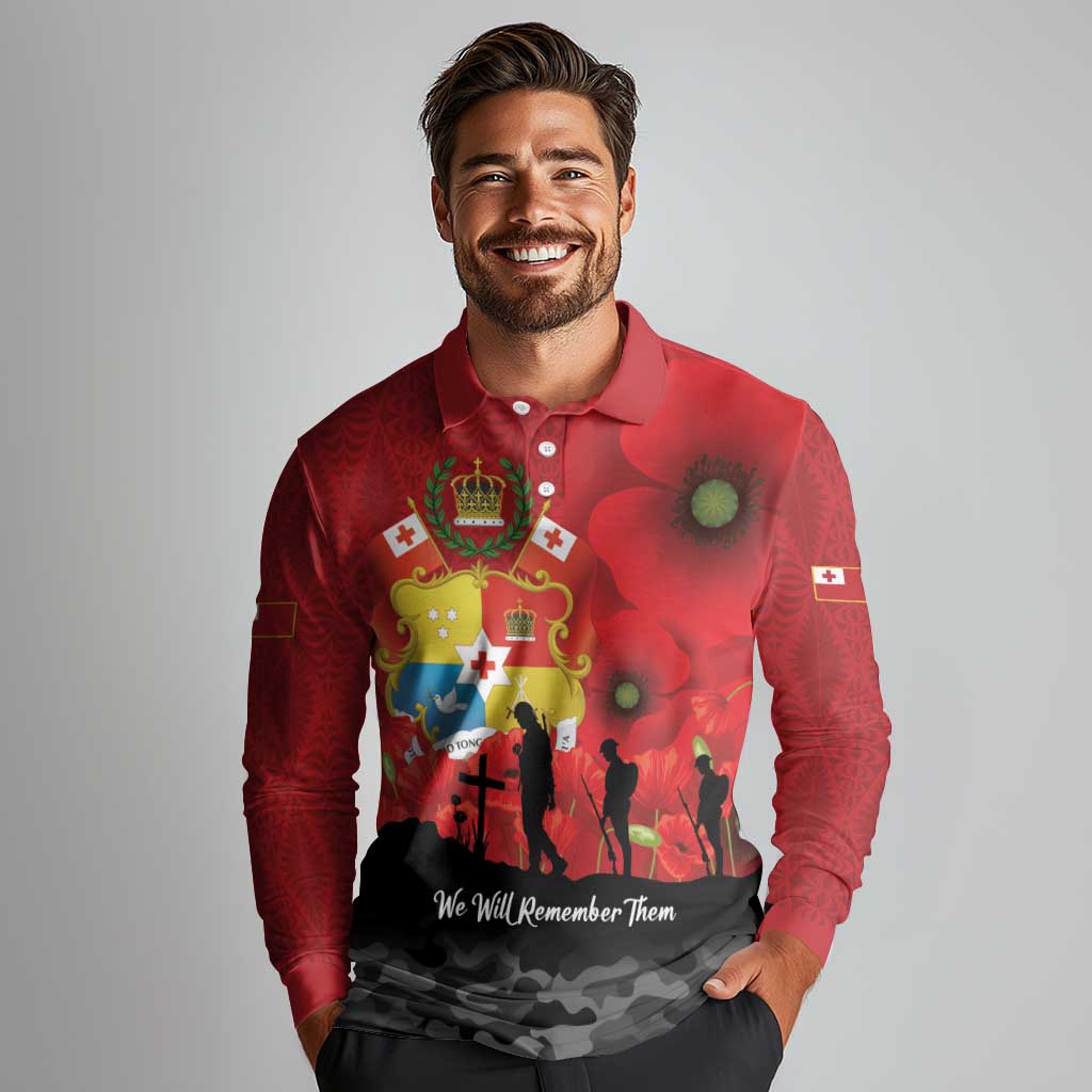 Tonga ANZAC Day Long Sleeve Polo Shirt Ngatu Pattern We Will Remember Them