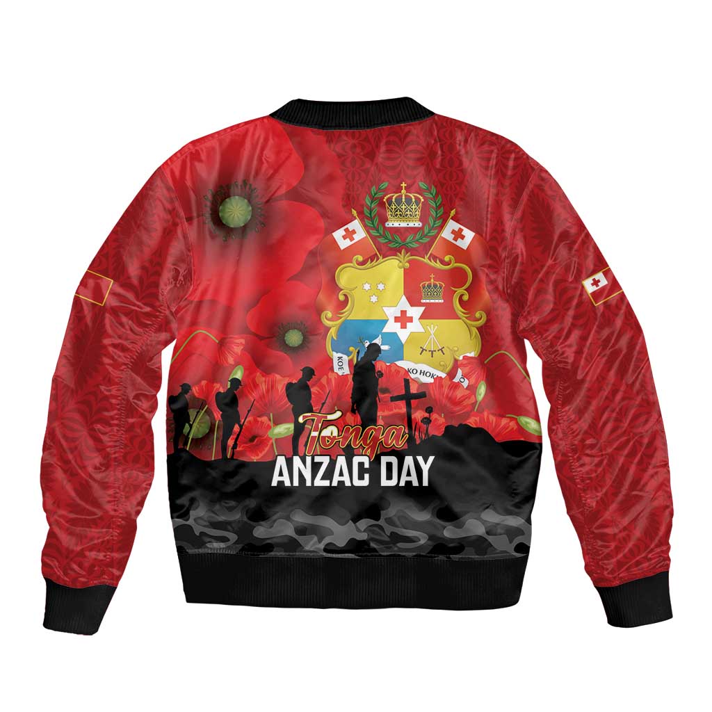 Tonga ANZAC Day Sleeve Zip Bomber Jacket Ngatu Pattern We Will Remember Them