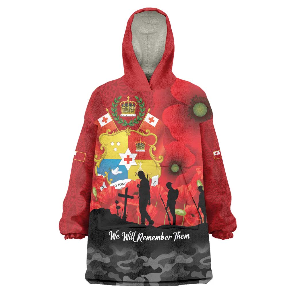 Tonga ANZAC Day Wearable Blanket Hoodie Ngatu Pattern We Will Remember Them LT14 One Size Red - Polynesian Pride