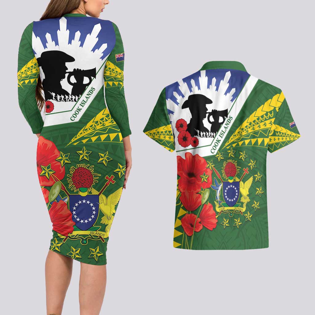 Cook Islands ANZAC Day Couples Matching Long Sleeve Bodycon Dress and Hawaiian Shirt Last Post Lest We Forget