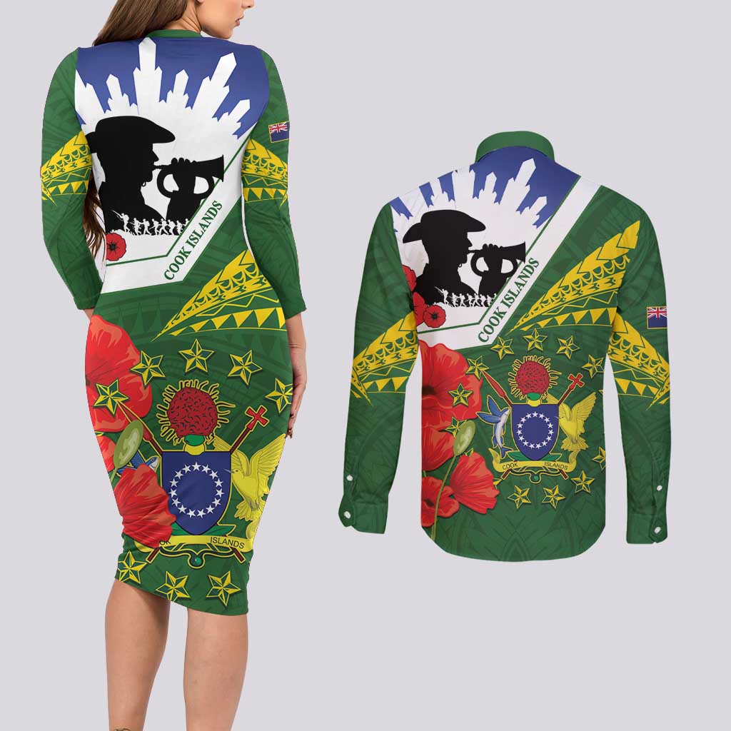Cook Islands ANZAC Day Couples Matching Long Sleeve Bodycon Dress and Long Sleeve Button Shirt Last Post Lest We Forget