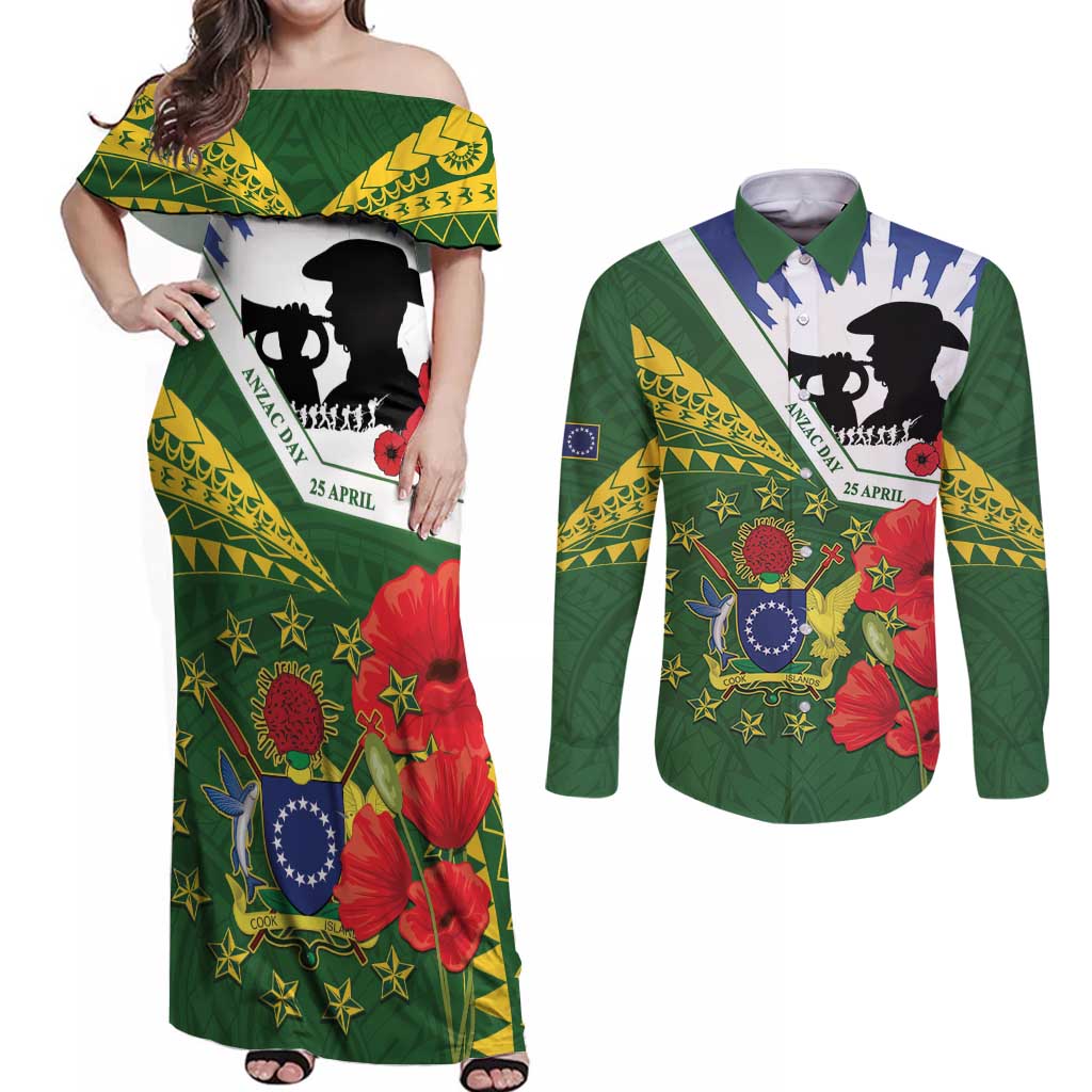 Cook Islands ANZAC Day Couples Matching Off Shoulder Maxi Dress and Long Sleeve Button Shirt Last Post Lest We Forget