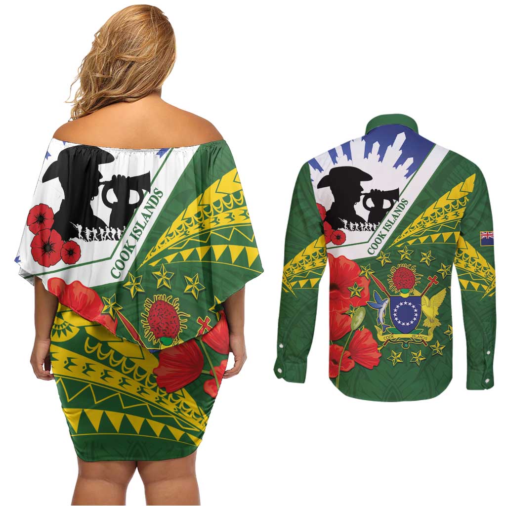 Cook Islands ANZAC Day Couples Matching Off Shoulder Short Dress and Long Sleeve Button Shirt Last Post Lest We Forget
