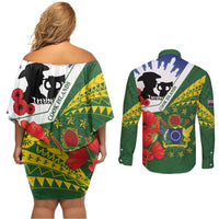Cook Islands ANZAC Day Couples Matching Off Shoulder Short Dress and Long Sleeve Button Shirt Last Post Lest We Forget