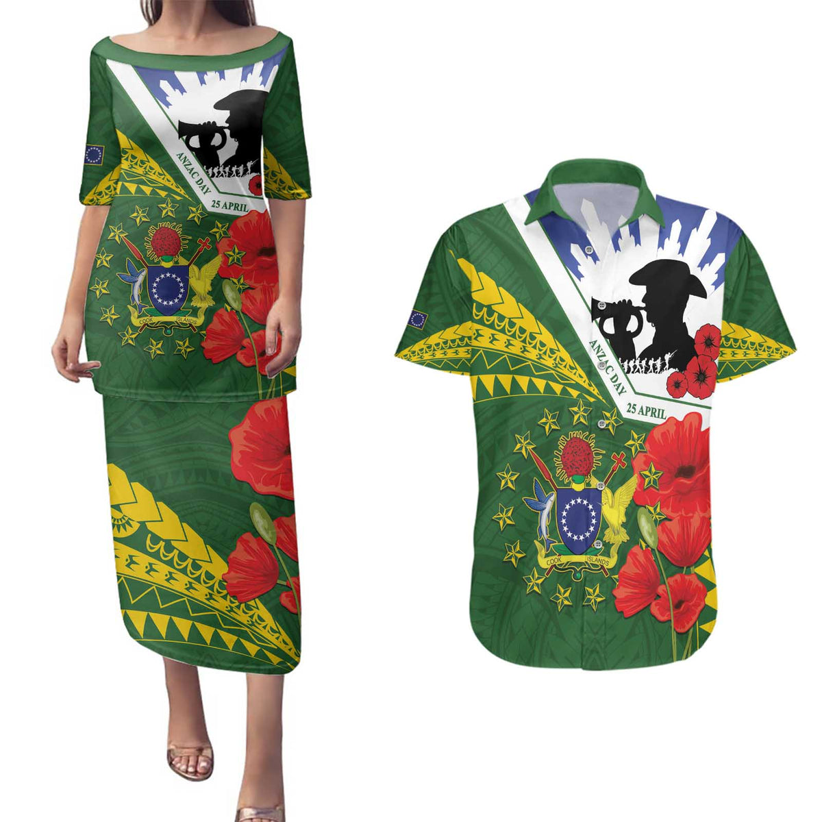 Cook Islands ANZAC Day Couples Matching Puletasi and Hawaiian Shirt Last Post Lest We Forget
