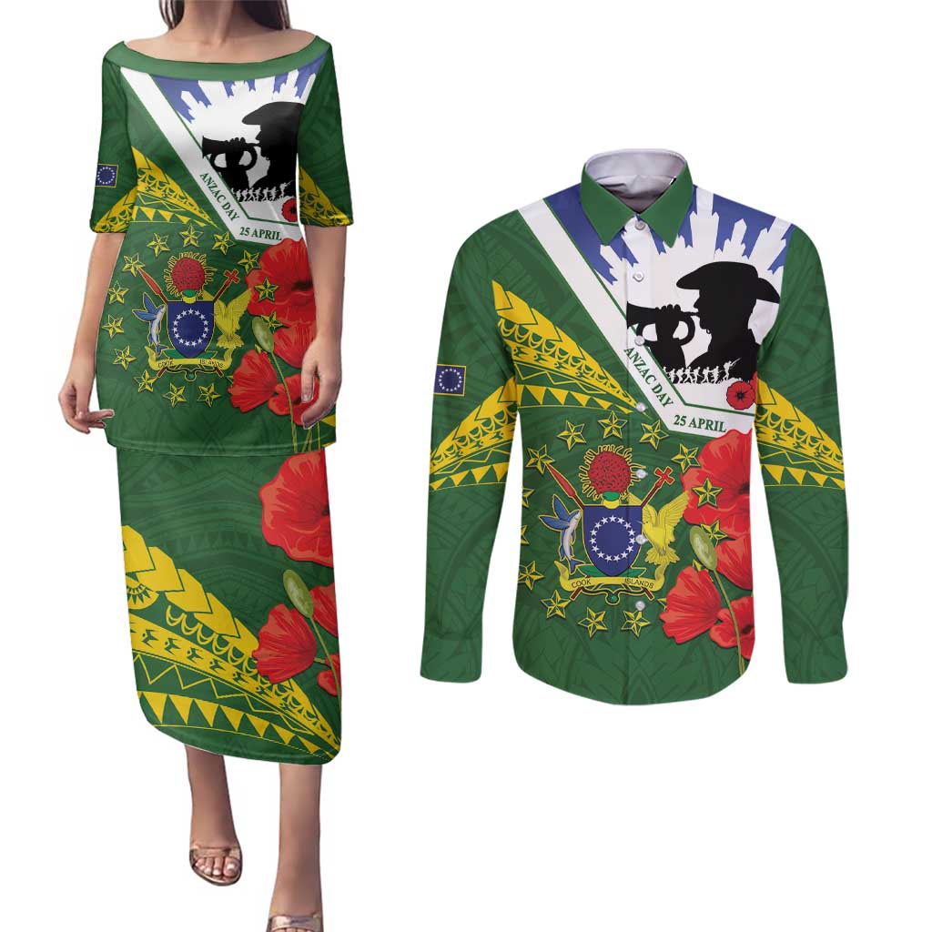 Cook Islands ANZAC Day Couples Matching Puletasi and Long Sleeve Button Shirt Last Post Lest We Forget
